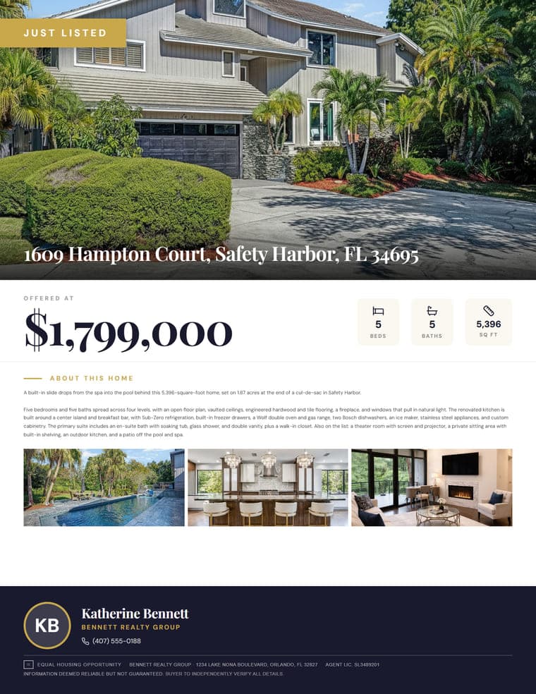 Classic flyer for 1609 Hampton Court, rendered from the sample kit