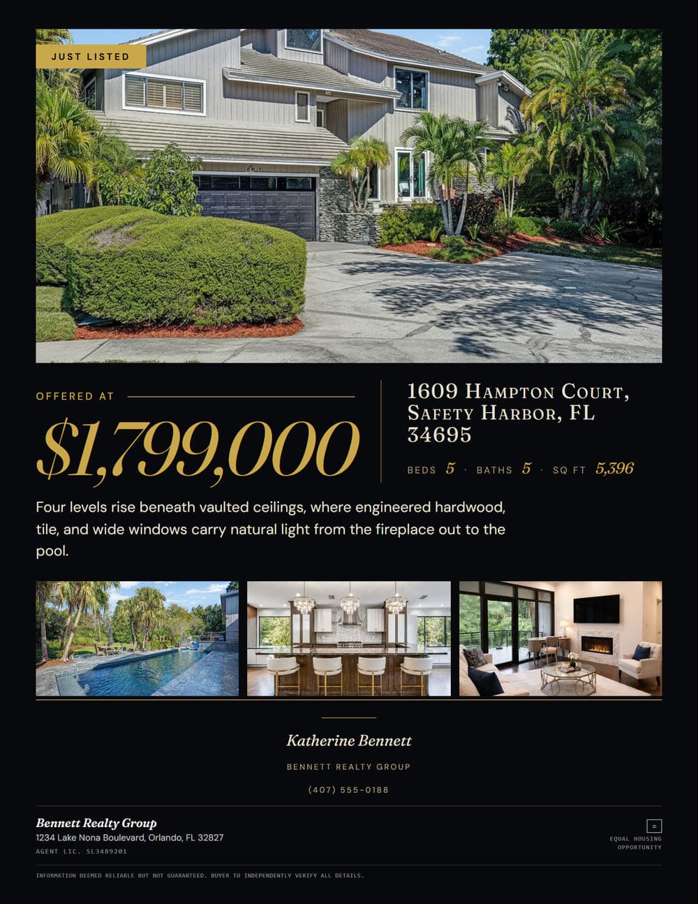 A finished flyer for 1609 Hampton Court, rendered by KitClosed from the sample kit
